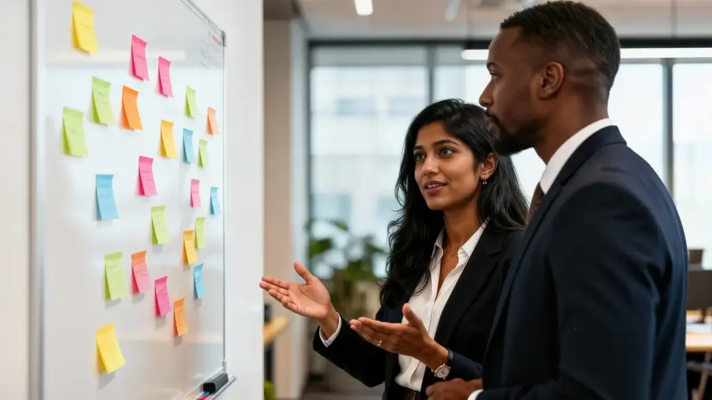 Team brainstorming content strategy ideas on a whiteboard with sticky notes